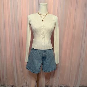 White Ribbed Long Sleeve Top